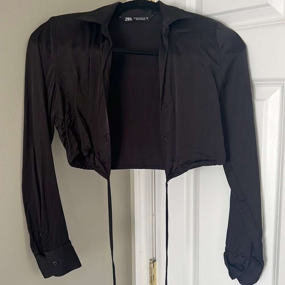 ZARA cropped silk tie button up blouse